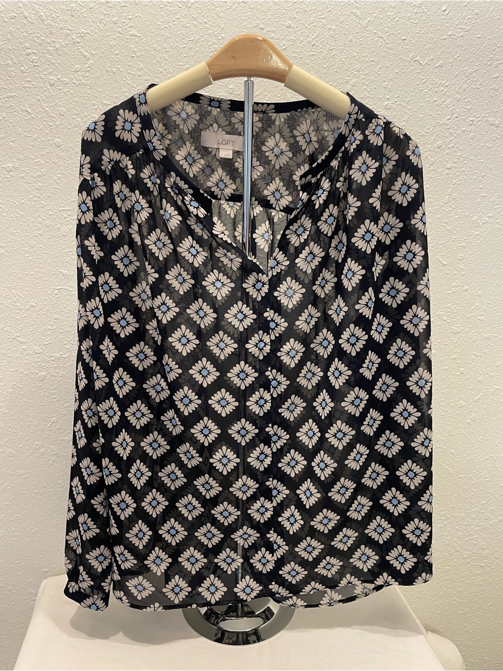 LOFT Black Floral-Print Button Front Blouse